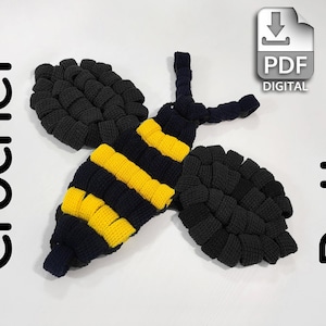 May include: Crochet pattern for a black and yellow bee. The pattern is available as a digital PDF download.