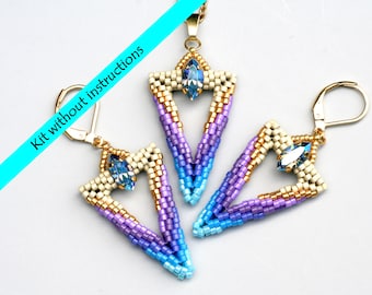Triangles with navettes - pendant+earrings - blue-purple-beige a kit WITHOUT instructions