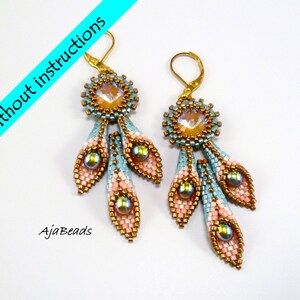 May include: A pair of gold tone earrings with a teardrop design. The earrings are made with pink, blue, and gold beads. The earrings have a crystal in the centre.