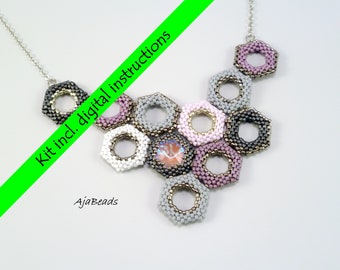 Honeycomb necklace - pink-grey-white - a kit with instructions in digital format