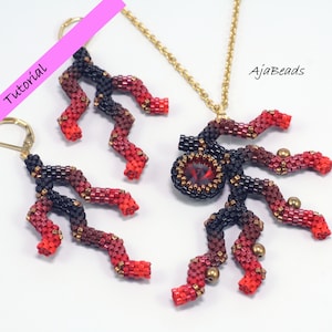 May include: A set of red, black, and gold beaded earrings and a necklace with a red gemstone pendant. The jewelry is in the shape of a branching coral design. The text "AjaBeads" is visible in the image.