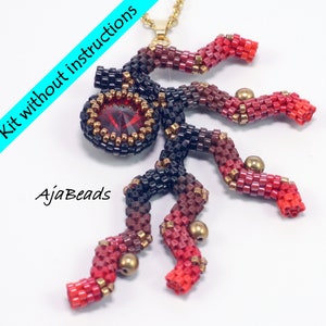 May include: A red, brown, and black beaded pendant with a gold chain and a red gemstone in the center. The pendant is shaped like a tree with multiple branches. The text "Kit without instructions" and "AjaBeads" are visible in the image.