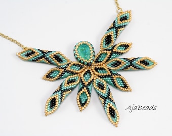 Necklace - Pterula - turquoise/green-gold-black with a drop