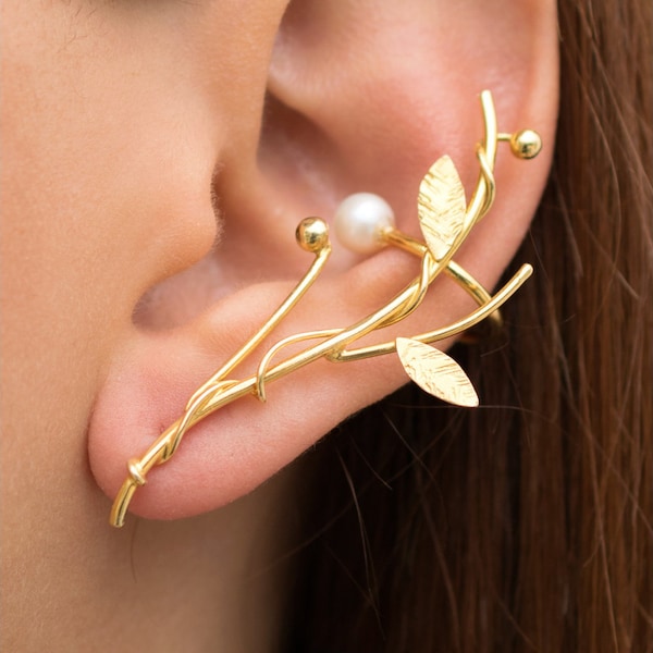 Mothers day gift Sterling silver Elf ear cuff earring fairy statement earring ear climber ear crawler earcuff gold branch twig mom jewelry