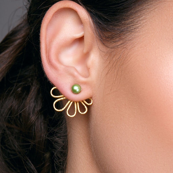 Sterling Silver Pearl Ear Jacket Stud Earrings: Bohemian Style