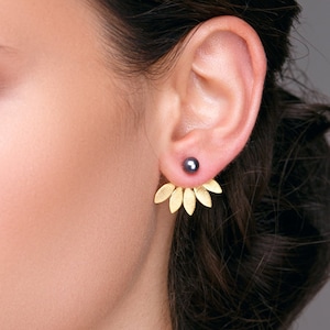 Sterling Silver Black Pearl Stud Earring Jackets - Double-Sided Ear Jacket gift for her unique  Handmade Earrings