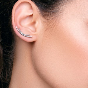 Sterling Silver Minimalist Earrings - Hypoallergenic Bar Stud Ear Crawler Earcuff, gift for her  Handmade Earrings