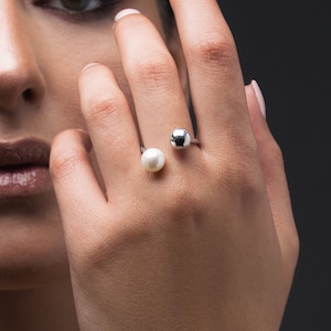 Sterling Silver Pearl Ring | Open Minimalist Ring & Geometric Earrings | gift for her unique  Handmade Earrings