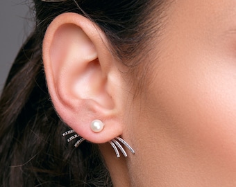 Sterling Silver Ear Jacket Earrings: Freshwater Pearl Studs, Double Sided