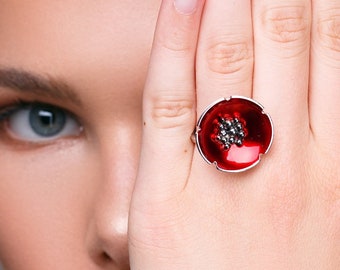 Mothers day gift Sterling silver Red ring flower ring enamel ring poppy silver ring enamel ring blossom ring mom jewelry