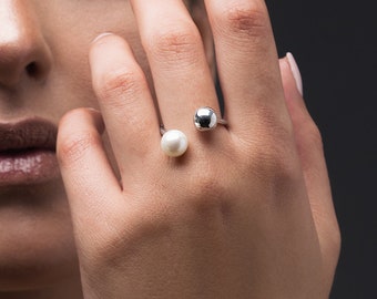 Sterling Silver Pearl Ring: Open Minimalist Design, Adjustable