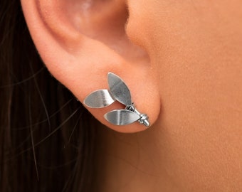 Sterling Silver Leaf Stud Earrings: Minimalist Twig Design