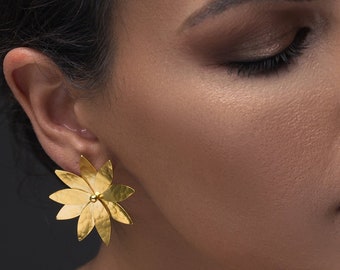 Gold Flower Sterling Silver Stud Earrings: Bohemian Statement Jewelry