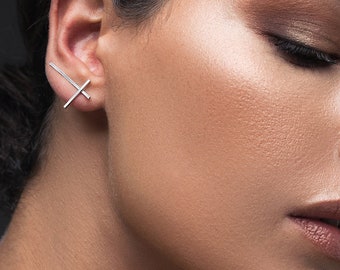 Mothers day gift Sterling silver ear climber minimalist earrings ear cuff earring cross earring earcuff ear crawlers mom jewelry