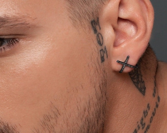 Criss Cross Sterling Silver Stud Earrings - Black Mens Jewelry