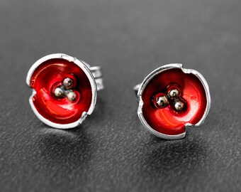 Pendientes de amapola de plata de ley: flor de esmalte rojo