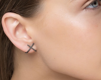Sterling Silver X Stud Earrings: Black Geometric Huggie Jewelry