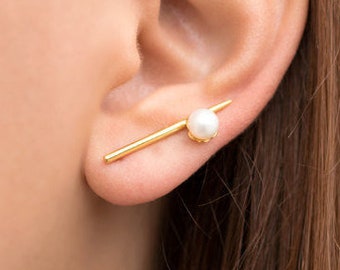 Sterling silver  Gold earrings ear climber earring minimalist earrings pearl ear cuff earring pearl earrings gold earring stud mom jewelry