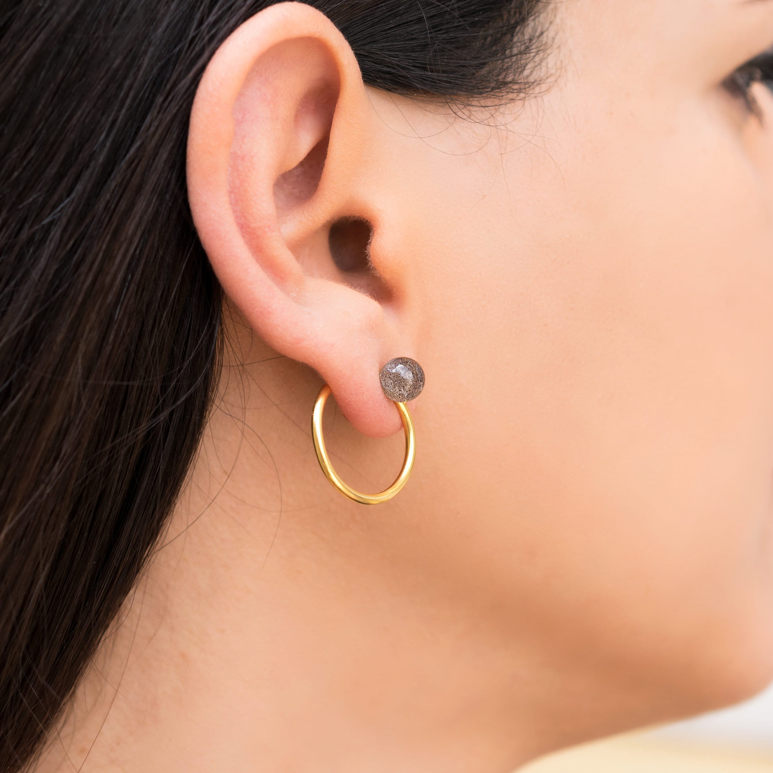 Boucles D'oreilles Créoles Bohème En Acier Inoxydable Et Labradorite Grise - Neuf Avec étiquettes
