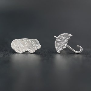 Sterling Silver Mismatched Stud Earrings: Cloud & Umbrella