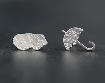 Mothers day gift Sterling silver Stud Earrings studs mismatched earrings umbrella & cloud cute earrings minimalist earrings mom jewelry