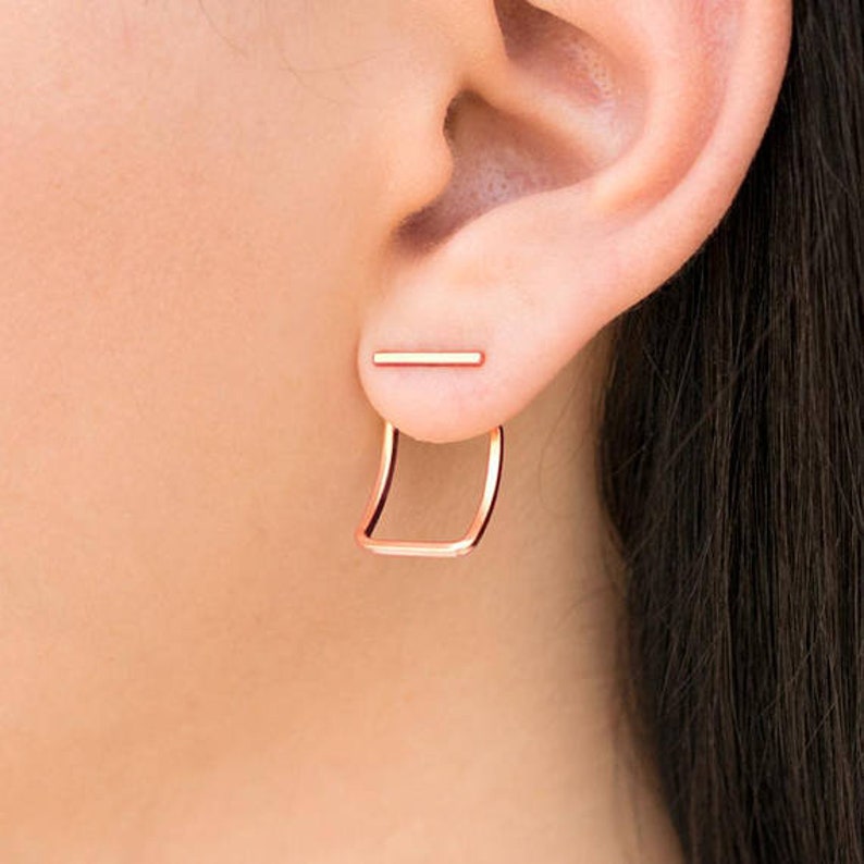 Mothers day gift Sterling silver Gold stud earring jackets minimalist earrings Rose gold ear jacket geometric earring front back image 1