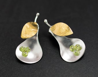 Handmade gift Pear earrings quirky earrings hypoallergenic earring studs fruit earrings food statement sterling silver jewerly Trendy womens