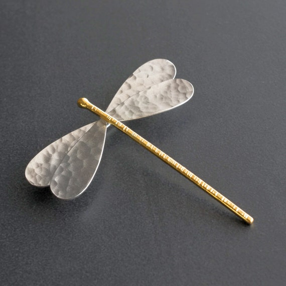 Sterling Silver Dragonfly Brooch: 24K Gold Plated Insect Jewelry