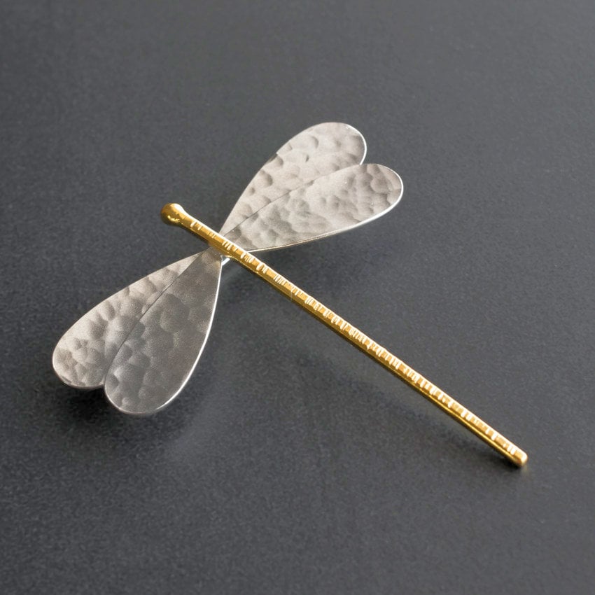 Sterling Silver Dragonfly Brooch: 24K Gold Plated Insect Jewelry