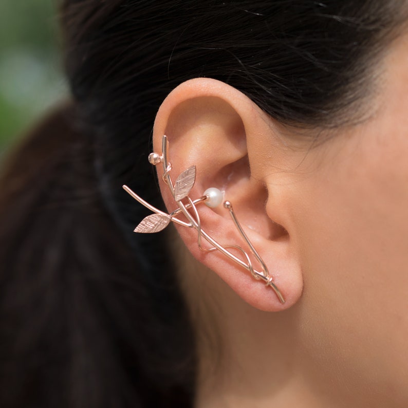Mothers day gift Sterling silver Statement earrings wrap ear cuff earring elf unusual statement leaf twig mom jewelry Rose gold