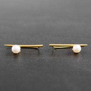 Mothers day gift Sterling silver Minimalist earrings pearl earrings ear cuff bar stud ear climber earrings line earrings gold mom jewelry Yellow gold