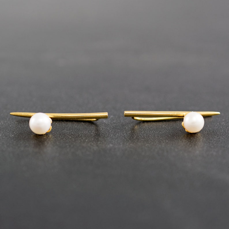 Mothers day gift Sterling silver Minimalist earrings pearl earrings ear cuff bar stud ear climber earrings line earrings gold mom jewelry image 6