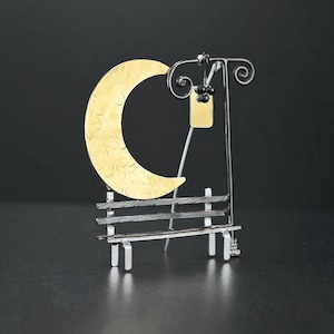 Sterling Silver Crescent Moon Brooch | Mixed Metal Jewelry | Statement Big Brooch gift for her unique