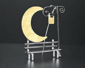 Sterling Silver Crescent Moon Brooch: 24K Gold Plated, Artisan Jewelry