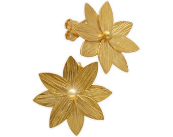 Sterling Silver Flower Stud Earrings: 24K Gold Plated Floral Statement