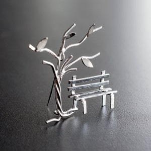 Sterling Silver Tree & Bench Brooch: Handmade Vintage Style Pin