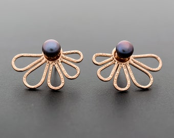 Sterling Silver Black Pearl Ear Jacket Earrings: Rose Gold Studs