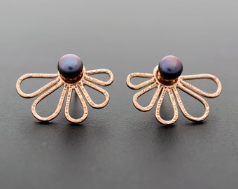 Mothers day gift Sterling silver Black pearl earrings Rose gold earring studs ear jacket earrings double sided earring jackets mom jewelry