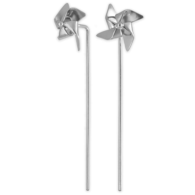 May include: Two silver pinwheel garden stakes. Each pinwheel has four blades and is mounted on a long, thin metal rod. The pinwheels are designed to spin in the wind, adding a decorative element to outdoor spaces.