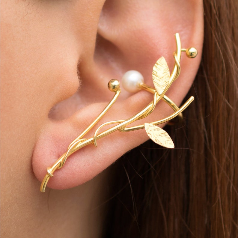 Mothers day gift Sterling silver Statement earrings wrap ear cuff earring elf unusual statement leaf twig mom jewelry Yellow Gold