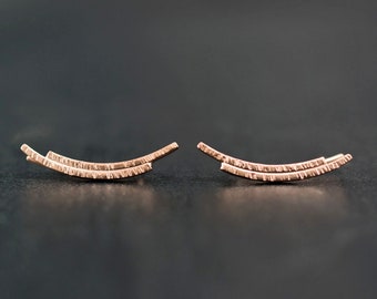 May include: A pair of rose gold earrings with a curved, textured design.