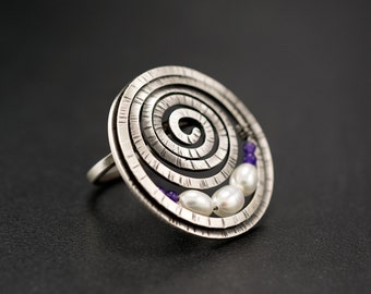 Mothers day gift Sterling silver Greek ring spiral ring big ring chunky ring unique ring statement ring mom jewelry