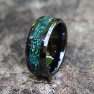 DARK FOREST, Meteorite, Emerald Opal, Stone Inlay, Black Ceramic Glowstone Ring, Engagement Band