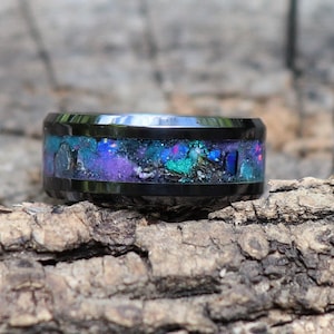 GALAXY, Blue Deep Space Opal, Meteorite, Iodite, Sapphire, Stone Inlay, Black Ceramic Glowstone Ring, Wedding, Engagement Band