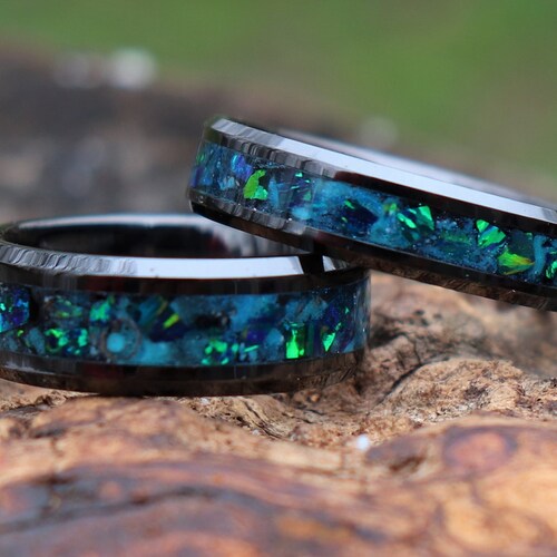 BLUE MIDNIGHT FOREST, Meteorite, Emerald Opal, Stone Inlay, Black Ceramic Blue shops Glowstone Ring, Wedding, Engagement Band