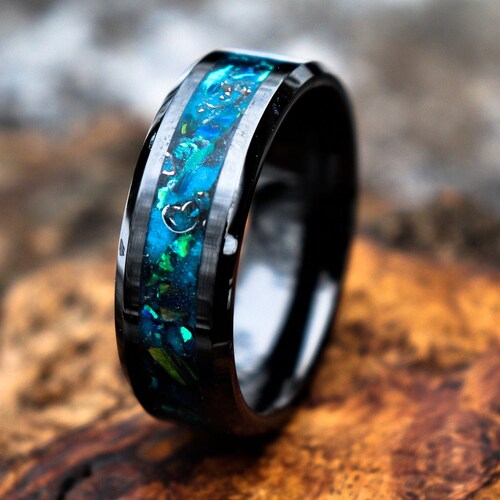 BLUE MIDNIGHT FOREST, Meteorite, Emerald Opal, Stone Inlay, Black Ceramic Blue shops Glowstone Ring, Wedding, Engagement Band