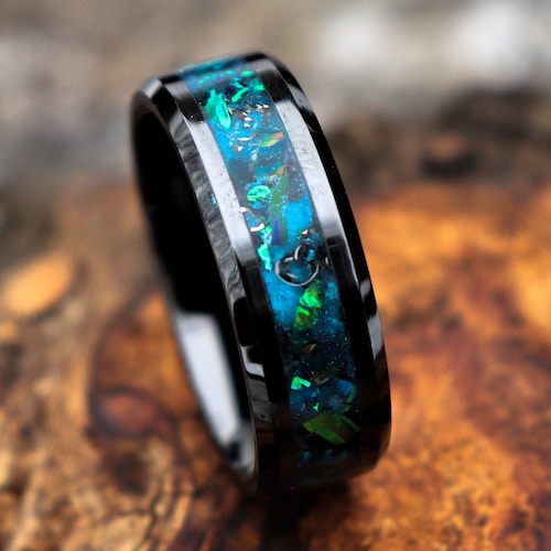 BLUE shops MIDNIGHT FOREST, Meteorite, Emerald Opal, Stone Inlay, Black Ceramic Blue Glowstone Ring, Wedding, Engagement Band