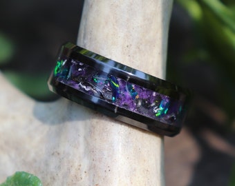 DARK ENCHANTED FOREST, Meteorite, Emerald Opal, Stone Inlay, Black Ceramic, Purple Glowstone Ring, Wedding, Engagement Band