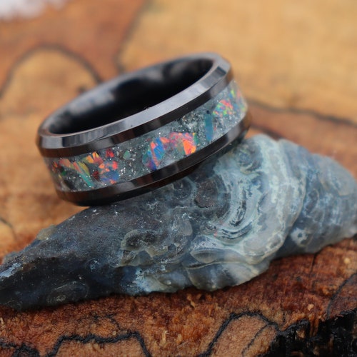SONIC GRAY, Opal, Meteorite, Stone Inlay, shops Black Ceramic, Blue Glowstone Ring, Wedding, Engagement Band