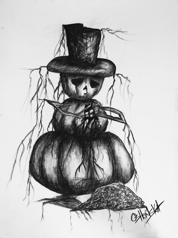 Sad Pumpkin Man with Guts Spilling Out, Charcoal, Fine Art, Black and White, Print